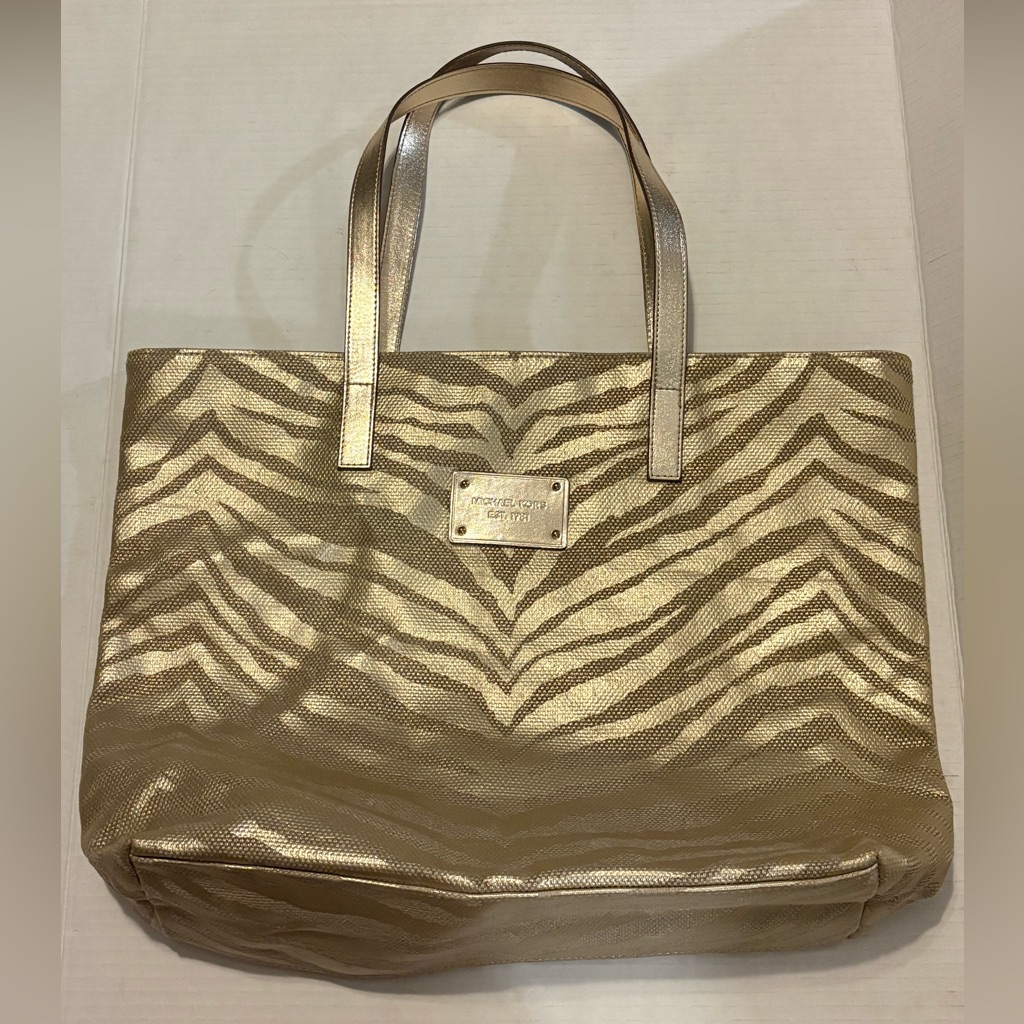 Michael Kors Gold Zebra Print Tote Shoulder Bag Large Metallic Mk